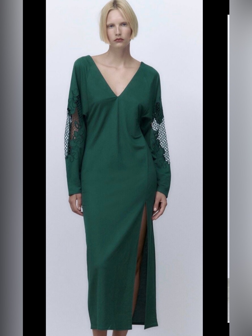Zara Emerald Green V-Neck Long Sleeve Maxi Dress Lace Insets slit Anthropologie